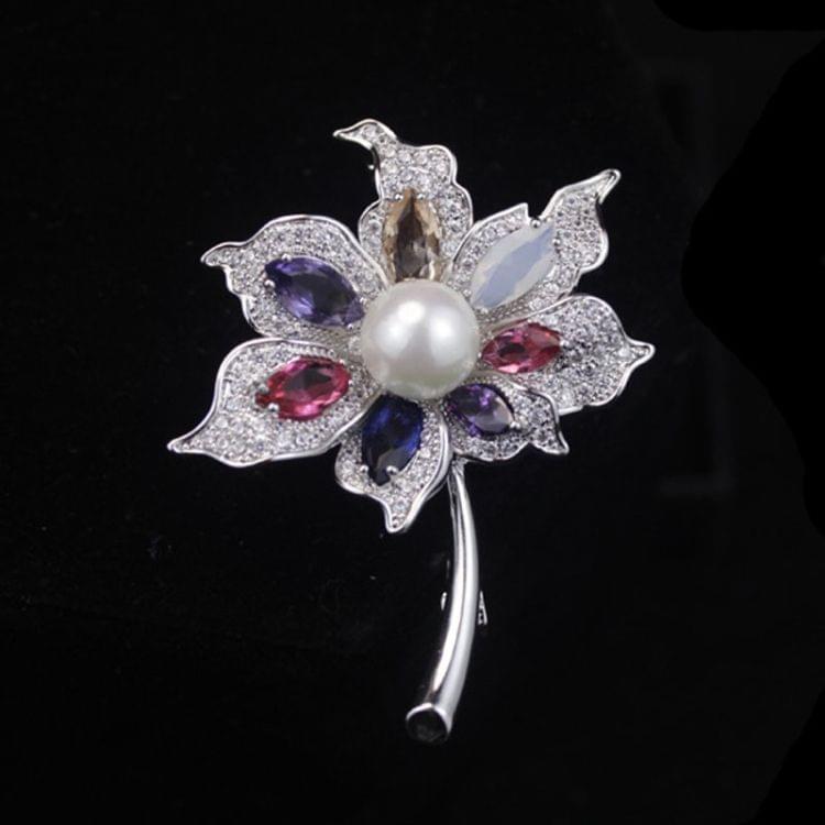 Colorful Gem Leaves Pearl Brooch Simple Fashion Coat Sweater Brooch(Silver)