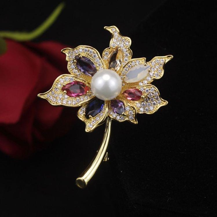 Colorful Gem Leaves Pearl Brooch Simple Fashion Coat Sweater Brooch(Silver)