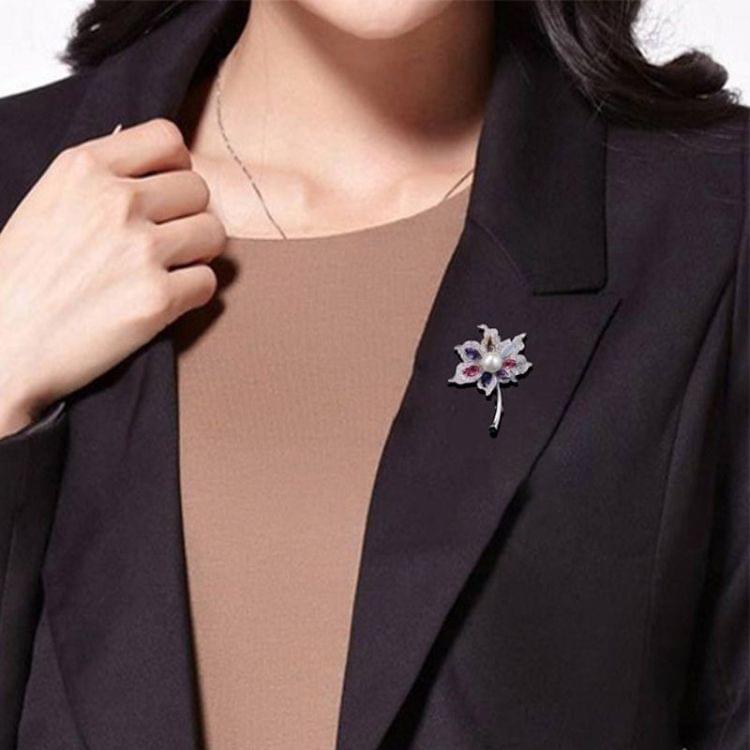 Colorful Gem Leaves Pearl Brooch Simple Fashion Coat Sweater Brooch(Silver)