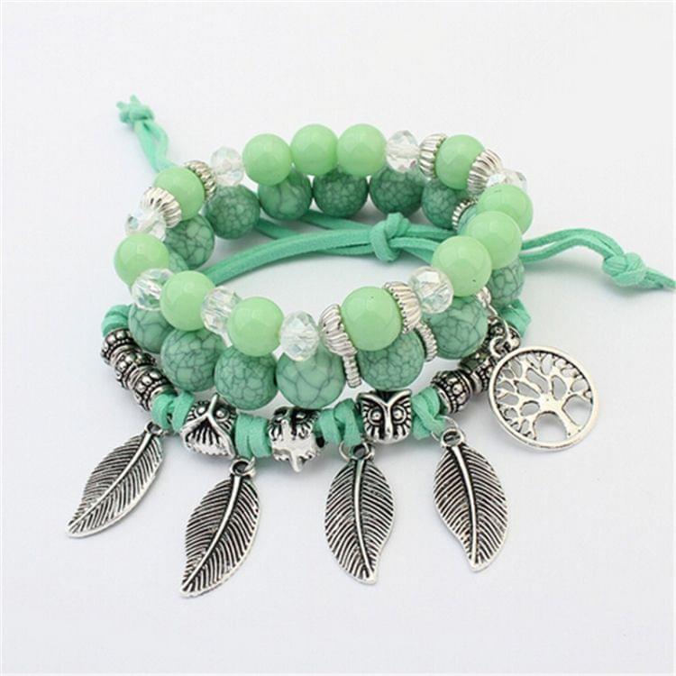 Vintage Ethnic Elasticity Marble Beads Bracelet Boho Leaves Bangle Bracelet(Green)