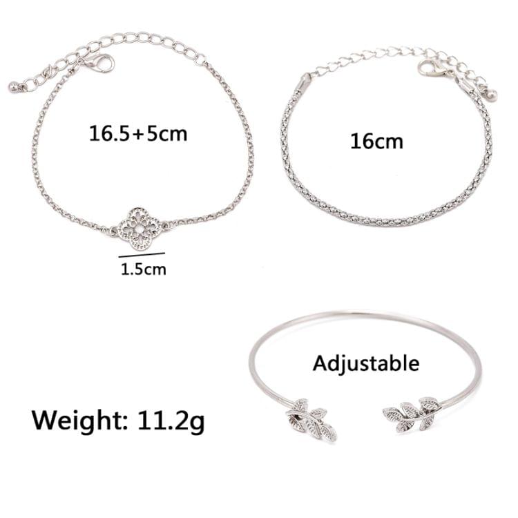 3 PCS/Set Retro Bracelets Silver Hollow Leaves Flowers Adjustable Chain Bracelet