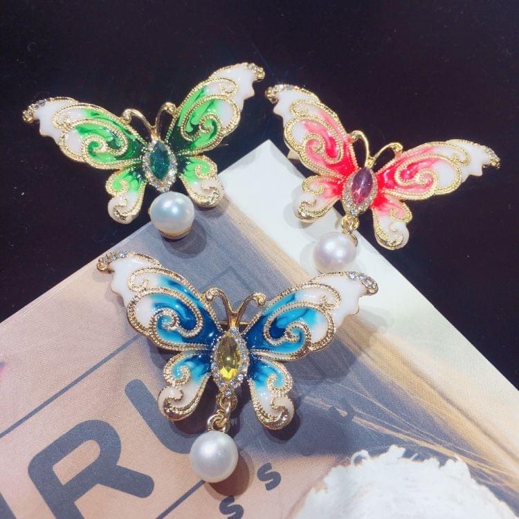 2 PCS Natural Freshwater Pearl  Enamel Butterfly Brooch(Green)