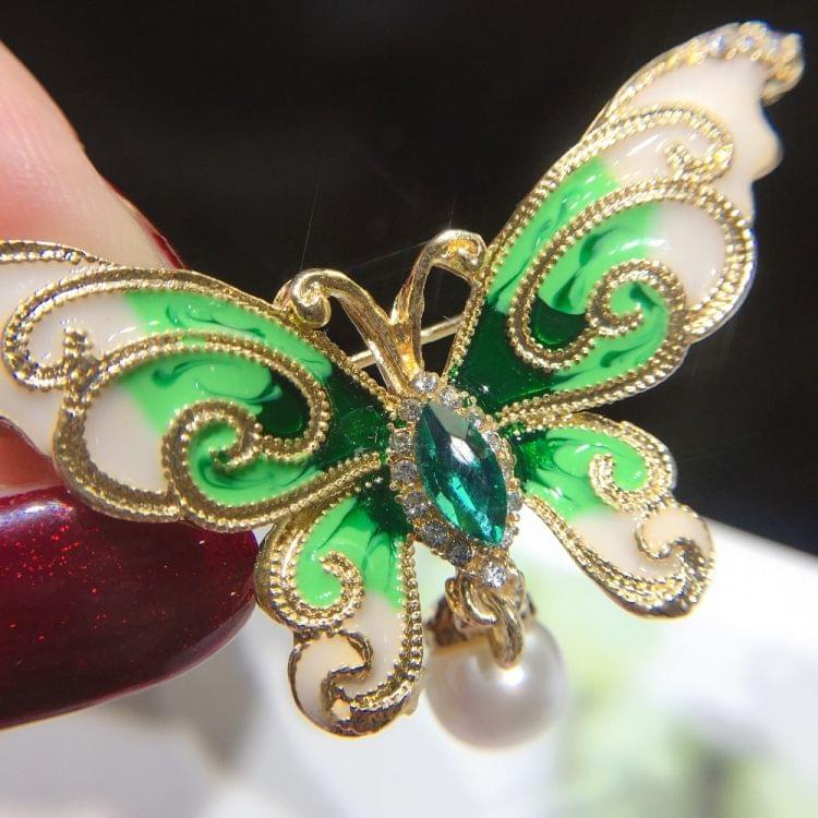 2 PCS Natural Freshwater Pearl  Enamel Butterfly Brooch(Green)