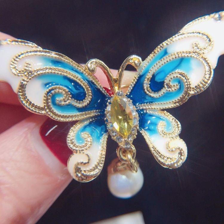 2 PCS Natural Freshwater Pearl  Enamel Butterfly Brooch(Green)