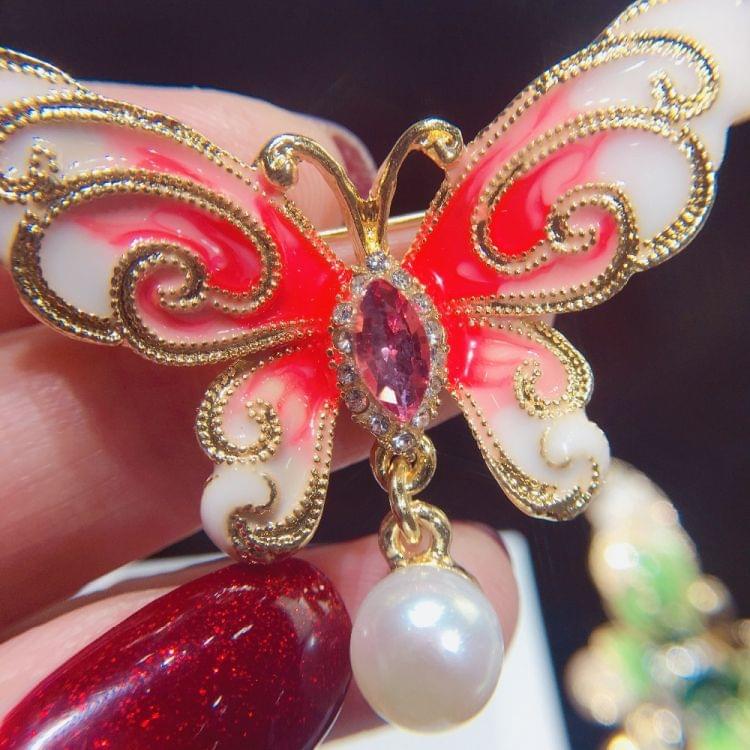 2 PCS Natural Freshwater Pearl  Enamel Butterfly Brooch(Green)