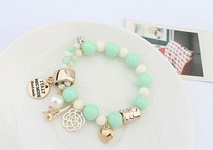 Crystal Simulated Pearl Beads Hearts Elastic Force Bracelet(Green)