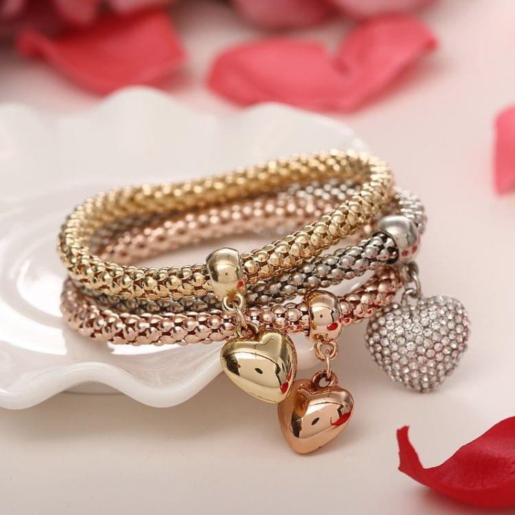 3 PCS/Set Crystal  Heart Charm Bracelets Bangles