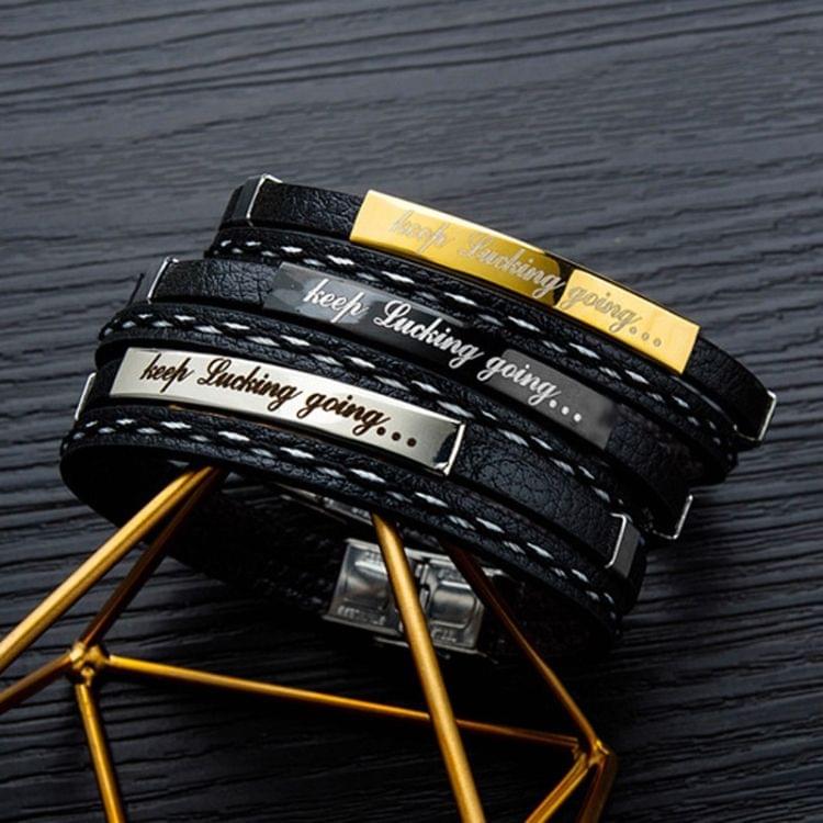 OPK Inspirational Titanium Steel Leather Bracelet for Men (Gold)