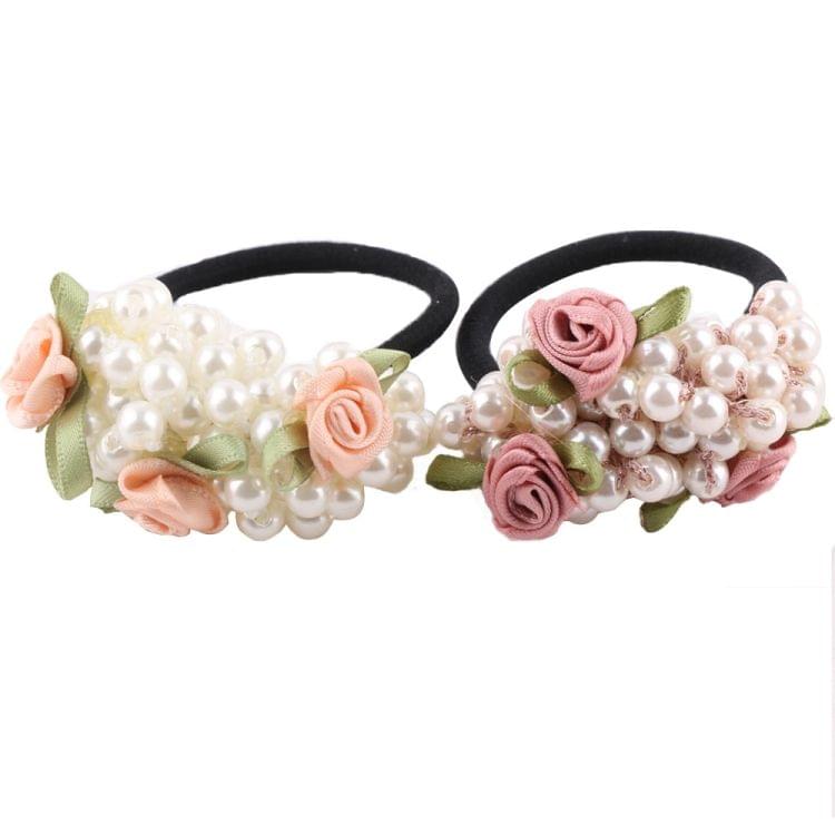 Fashion Women Flower Beaded Pearl Headband Rubber Elastic Hair Bands Girls Ponytail Holder Hair Accessories(Pink)