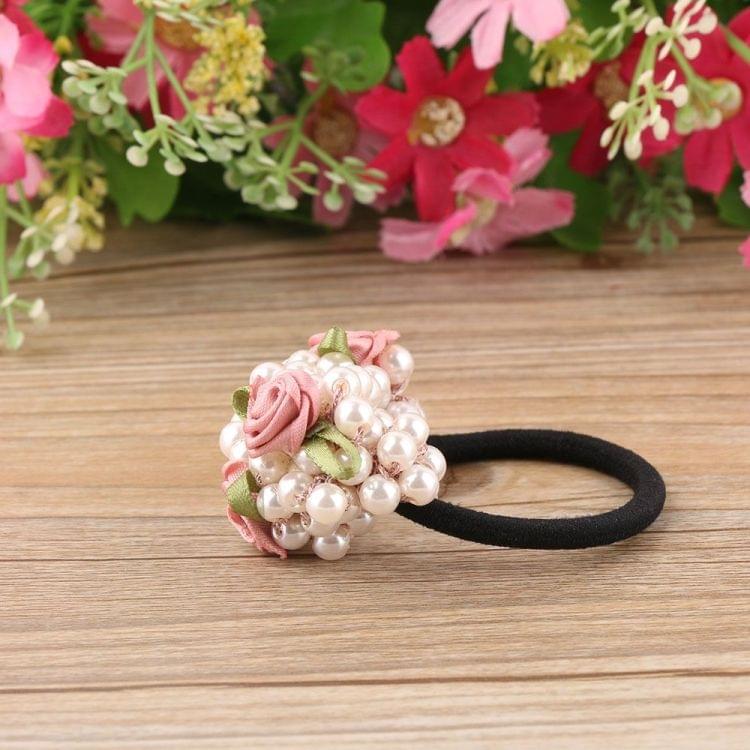 Fashion Women Flower Beaded Pearl Headband Rubber Elastic Hair Bands Girls Ponytail Holder Hair Accessories(Pink)