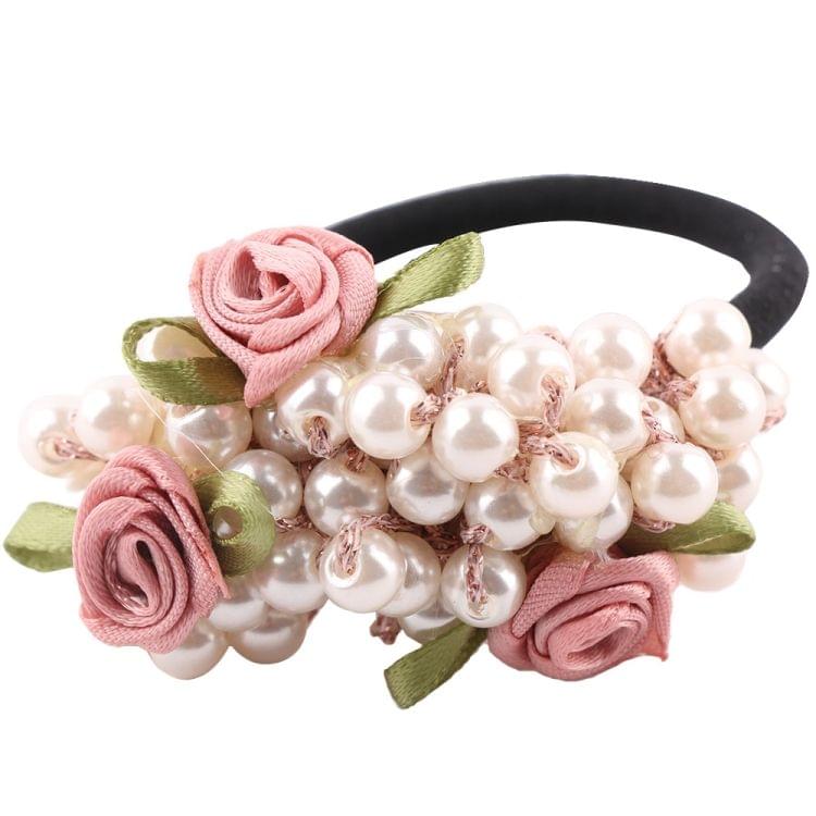 Fashion Women Flower Beaded Pearl Headband Rubber Elastic Hair Bands Girls Ponytail Holder Hair Accessories(Pink)