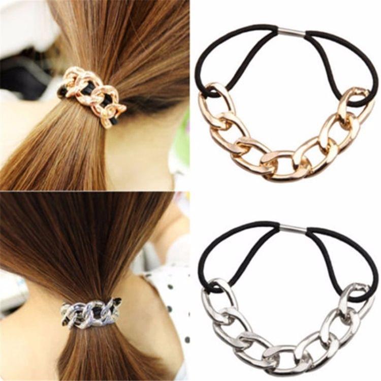 3 PCS Metal Chain Boho Turban Headband Headwear Rubber Bands Women Girls Elastic Hairband(Gold)