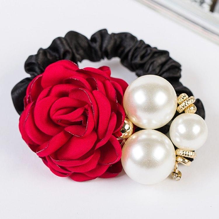 Girls Pearl Beads Elastic Hair Band Flower Gum Hair Accessories Rubber Bands(Red)