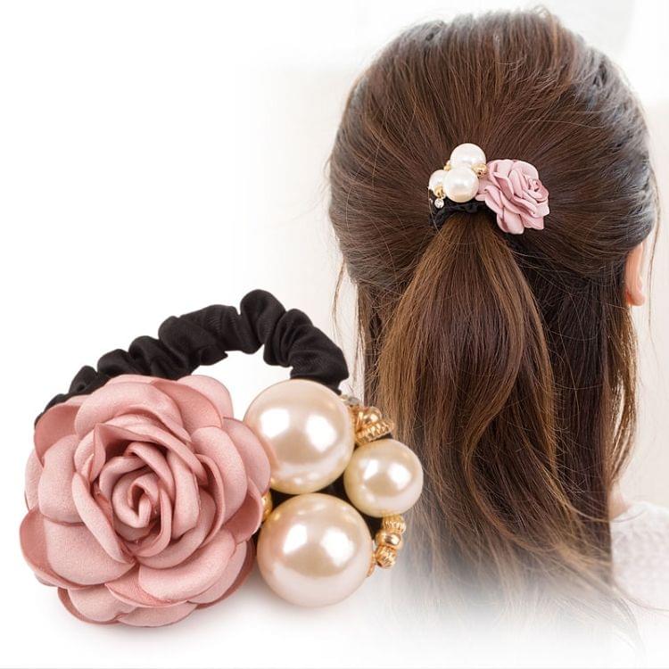 Girls Pearl Beads Elastic Hair Band Flower Gum Hair Accessories Rubber Bands(Red)