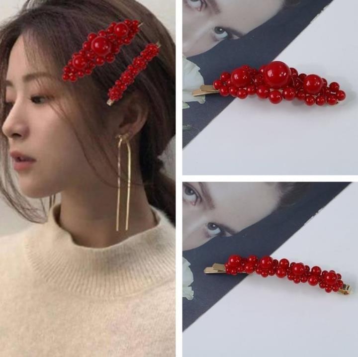 Red Pearl Clips Trendy Cute Girl Side Clip Hair Clips Head Bands(12 Square frame )