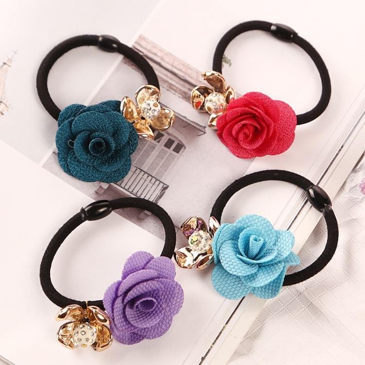 10 PCS Gold Plated Crystal Rose Flower Hair Rubber Bands Elastic Girl Ponytail Hair Accessories(Random color)