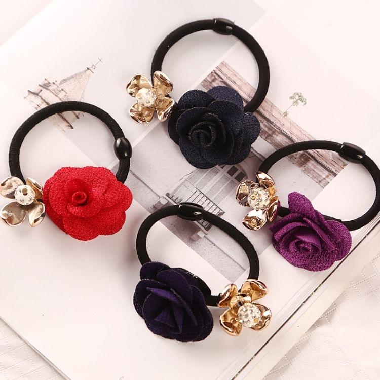 10 PCS Gold Plated Crystal Rose Flower Hair Rubber Bands Elastic Girl Ponytail Hair Accessories(Random color)