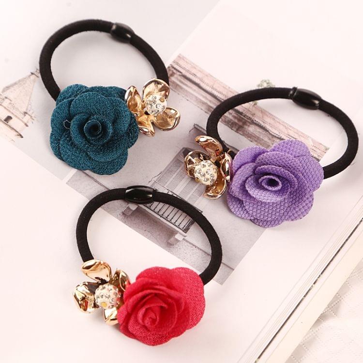 10 PCS Gold Plated Crystal Rose Flower Hair Rubber Bands Elastic Girl Ponytail Hair Accessories(Random color)