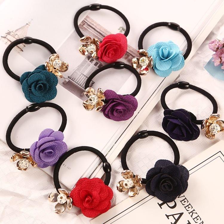 10 PCS Gold Plated Crystal Rose Flower Hair Rubber Bands Elastic Girl Ponytail Hair Accessories(Random color)