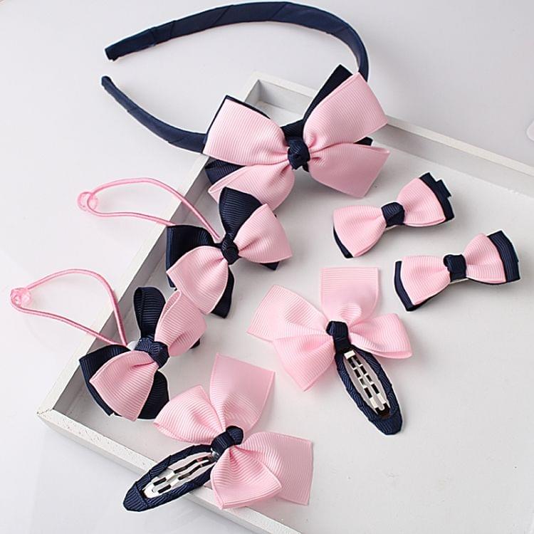 7 PCS/Set Children Accessories Hairband Baby Girls Lovely Bow Headwear Hair Clip(Striped red + navy)