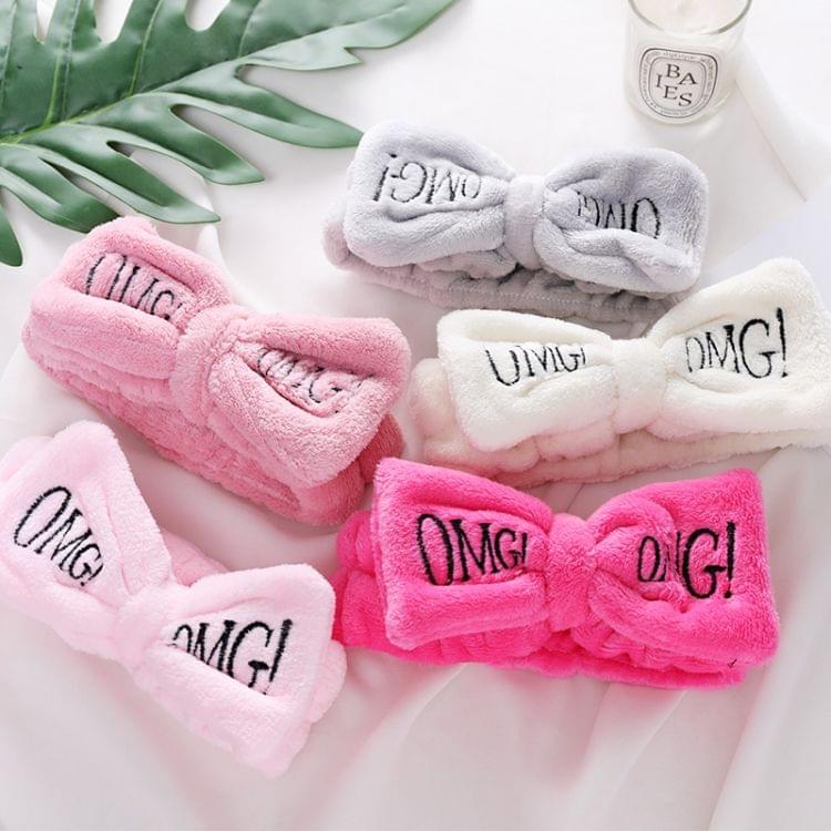 Women New Letter "OMG" Coral Fleece Soft Bow Headbands Cute Hair Holder Headwear Hair Accessories(Dark Pink)