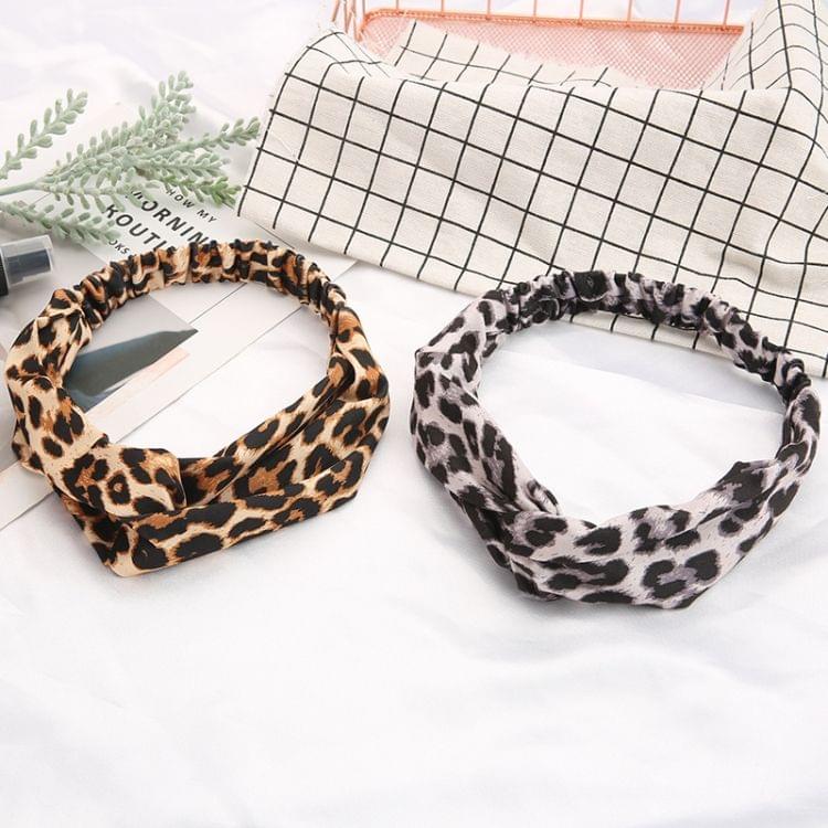 2 PCS Printing Leopard Cross Headband Women Turban Hairband Stretch Twisted Knotted Headwear(Gray leopard)