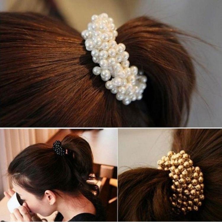 2 PCS Pearls Beads Hair Accessories Cute Elastic Hair Bands Women Hair Rope Scrunchies Ponytail Holders Rubber Bands(Black)