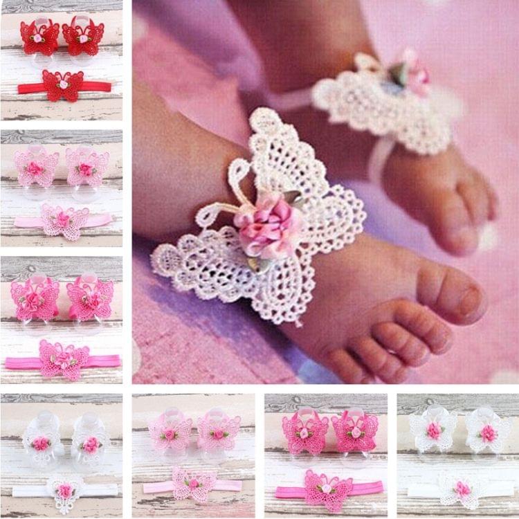 3 PCS Flower Headband Baby Barefoot Sandals Foot Accessories Hair Accessory(Small Pink Flowers)