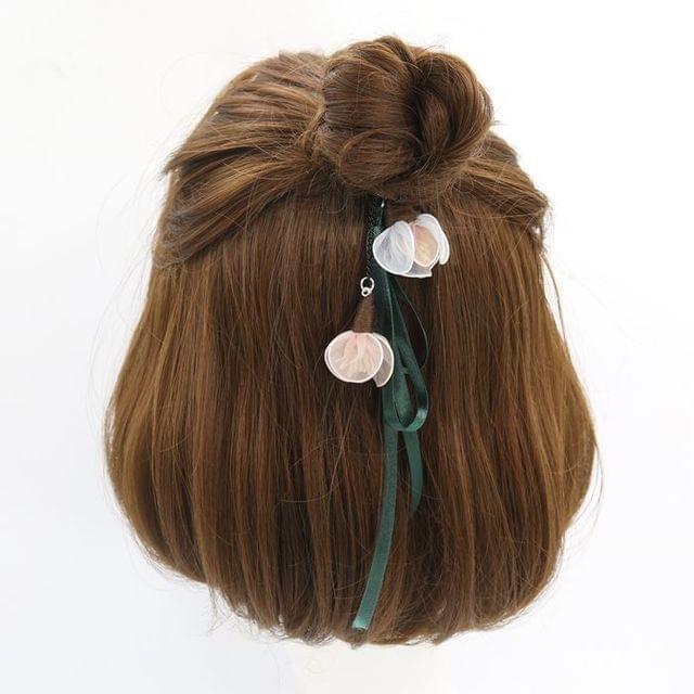 3 PCS Women Elastic Hair Bands Elegant Girl Ribbon Flower Rubber Bands Ponytail Holder Hair Accessories(Green pink flower / dark green belt)