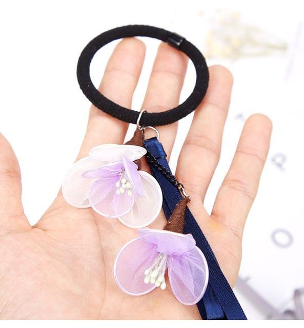 3 PCS Women Elastic Hair Bands Elegant Girl Ribbon Flower Rubber Bands Ponytail Holder Hair Accessories(Green pink flower / dark green belt)