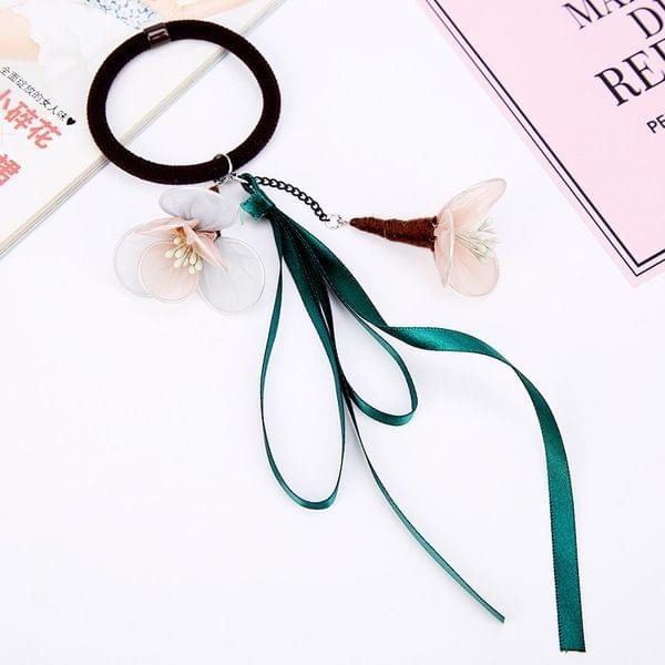 3 PCS Women Elastic Hair Bands Elegant Girl Ribbon Flower Rubber Bands Ponytail Holder Hair Accessories(Green pink flower / dark green belt)