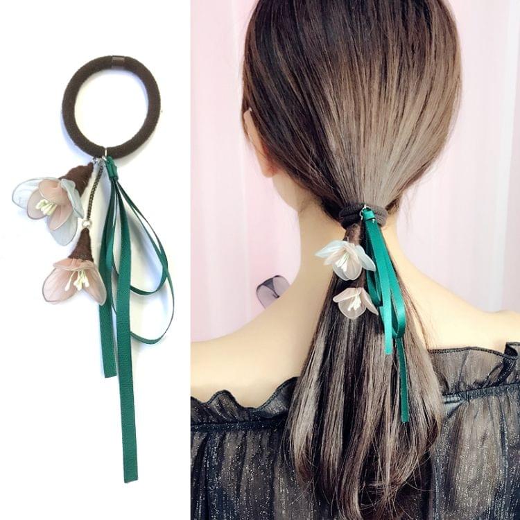 3 PCS Women Elastic Hair Bands Elegant Girl Ribbon Flower Rubber Bands Ponytail Holder Hair Accessories(Green pink flower / dark green belt)