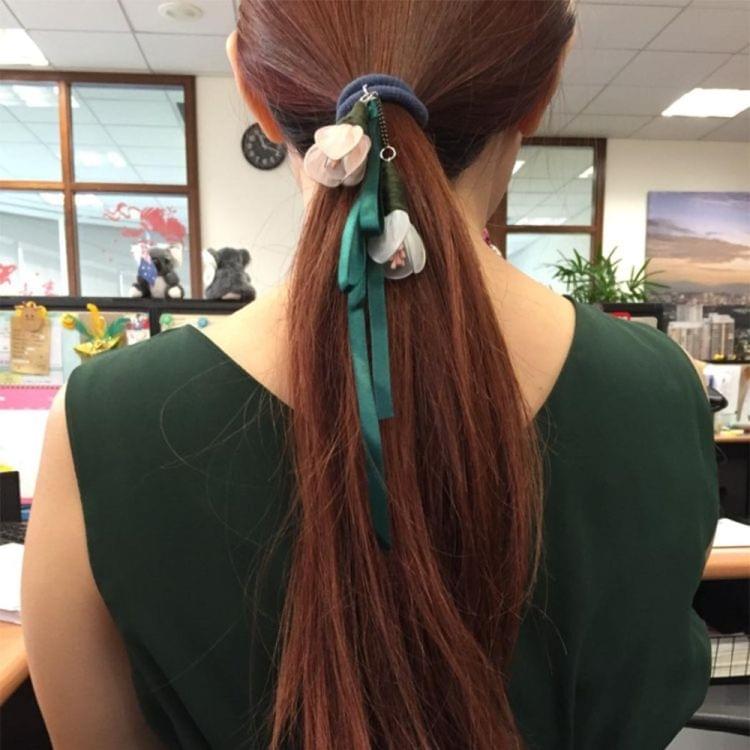 3 PCS Women Elastic Hair Bands Elegant Girl Ribbon Flower Rubber Bands Ponytail Holder Hair Accessories(Green pink flower / dark green belt)