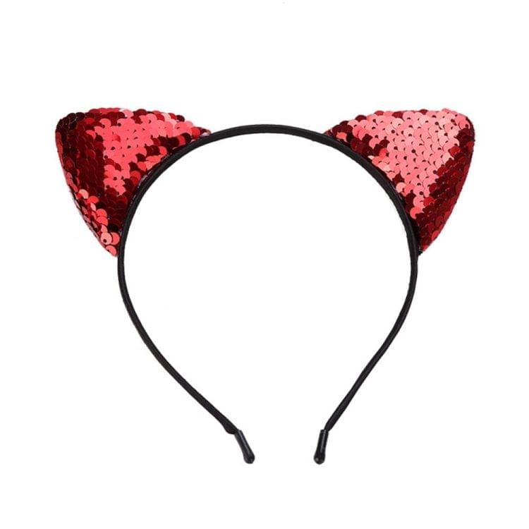 Glitter Flip Sequins Cat Ear Girl Hairband Headband Hair Hoop(Red)