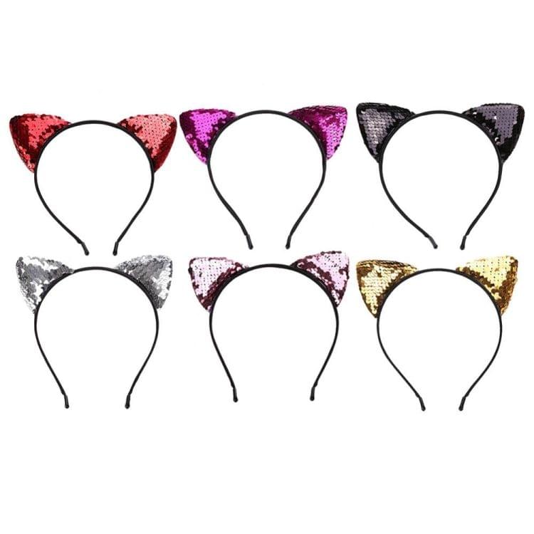 Glitter Flip Sequins Cat Ear Girl Hairband Headband Hair Hoop(Red)