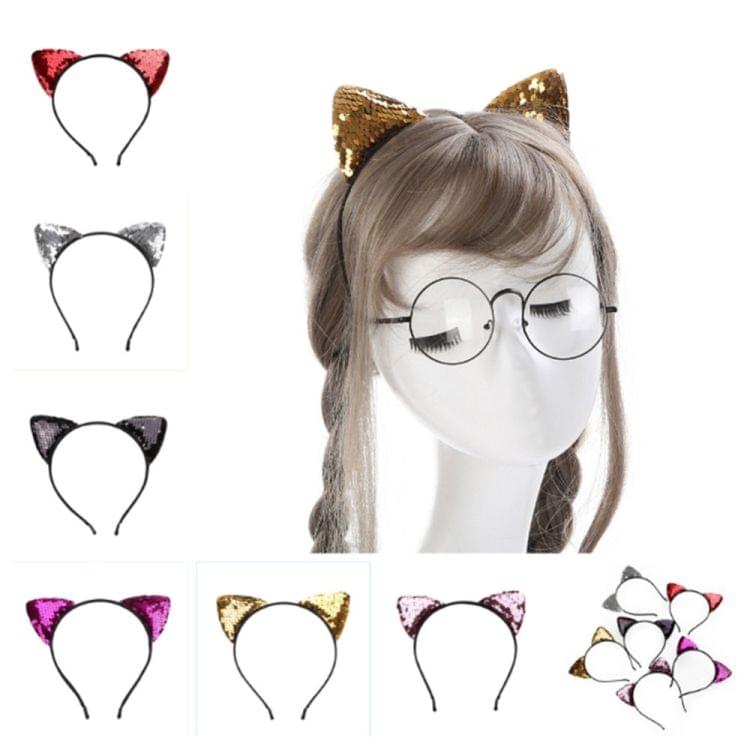 Glitter Flip Sequins Cat Ear Girl Hairband Headband Hair Hoop(Red)