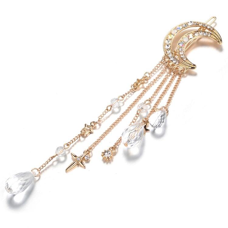 Fashion Elegant Women Lady Moon Rhinestone Crystal Tassel Long Chain Beads Dangle Hairpin Hair Clip Hair Jewelry(Bronze)