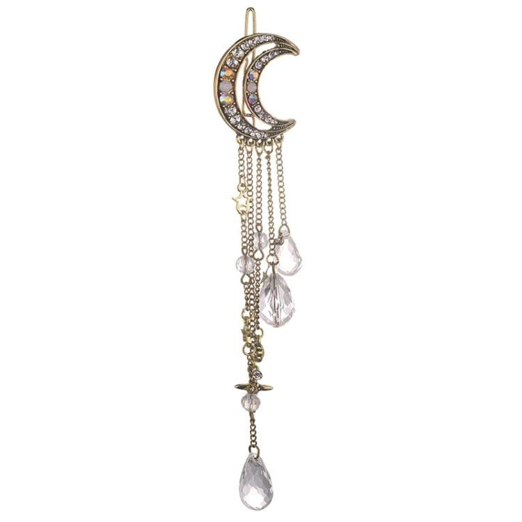 Fashion Elegant Women Lady Moon Rhinestone Crystal Tassel Long Chain Beads Dangle Hairpin Hair Clip Hair Jewelry(Bronze)
