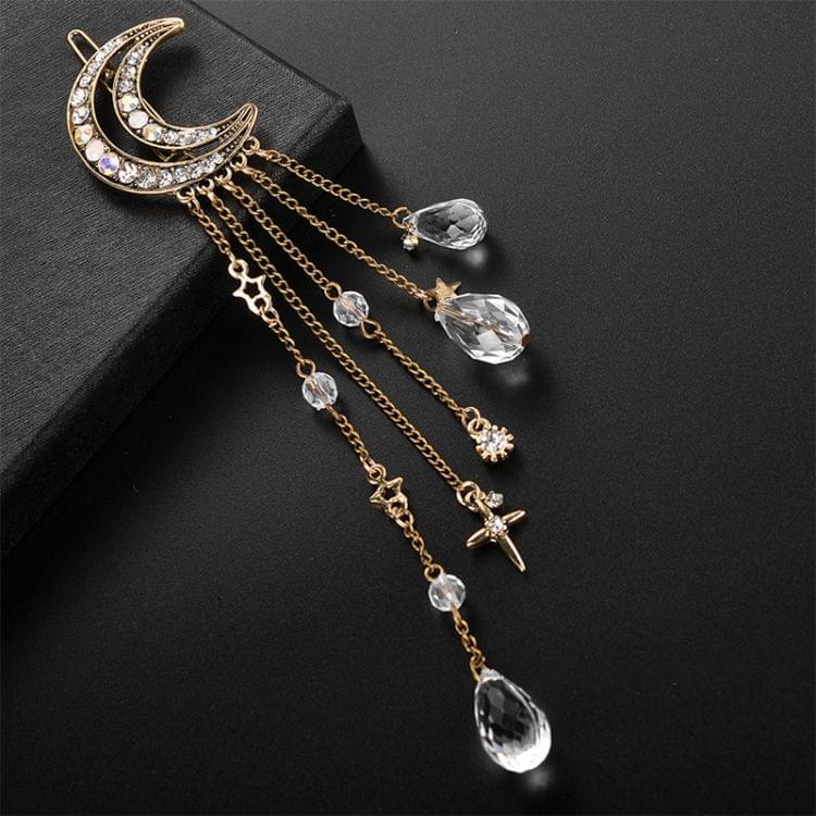 Fashion Elegant Women Lady Moon Rhinestone Crystal Tassel Long Chain Beads Dangle Hairpin Hair Clip Hair Jewelry(Bronze)