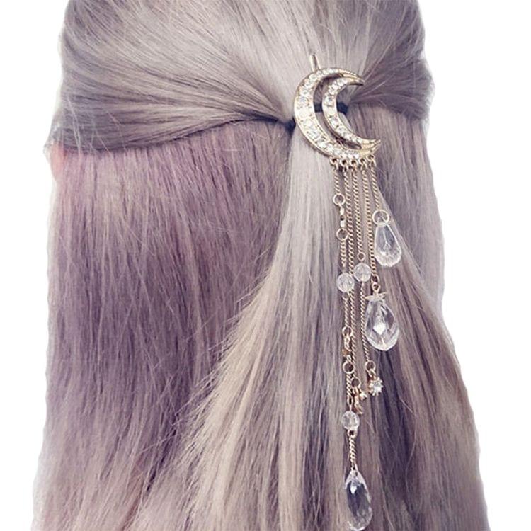 Fashion Elegant Women Lady Moon Rhinestone Crystal Tassel Long Chain Beads Dangle Hairpin Hair Clip Hair Jewelry(Bronze)