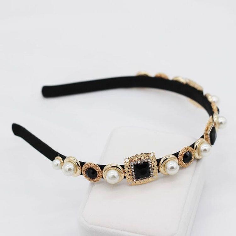 Baroque Retro Square Gemstone Pearl Simple Multicolor Wild Headband(Black)