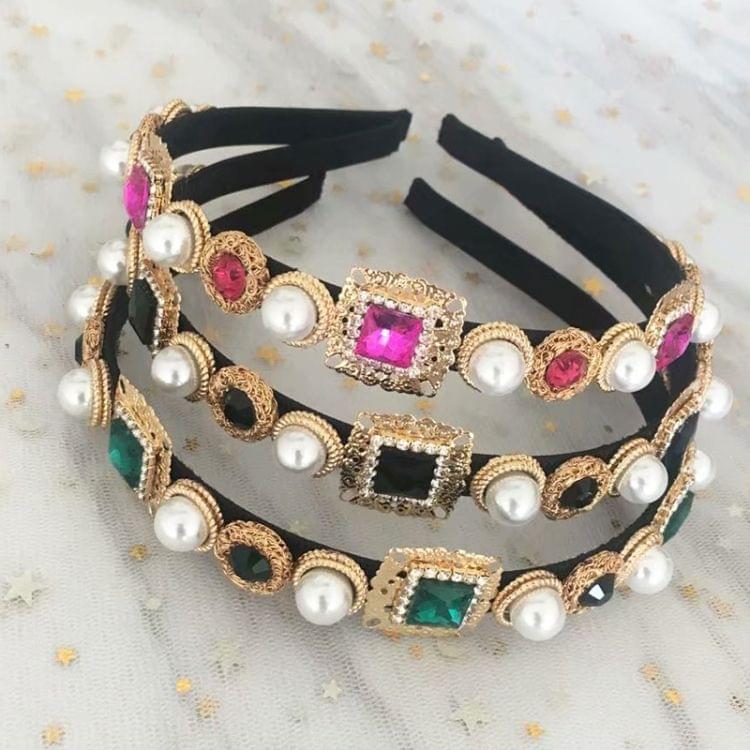 Baroque Retro Square Gemstone Pearl Simple Multicolor Wild Headband(Black)
