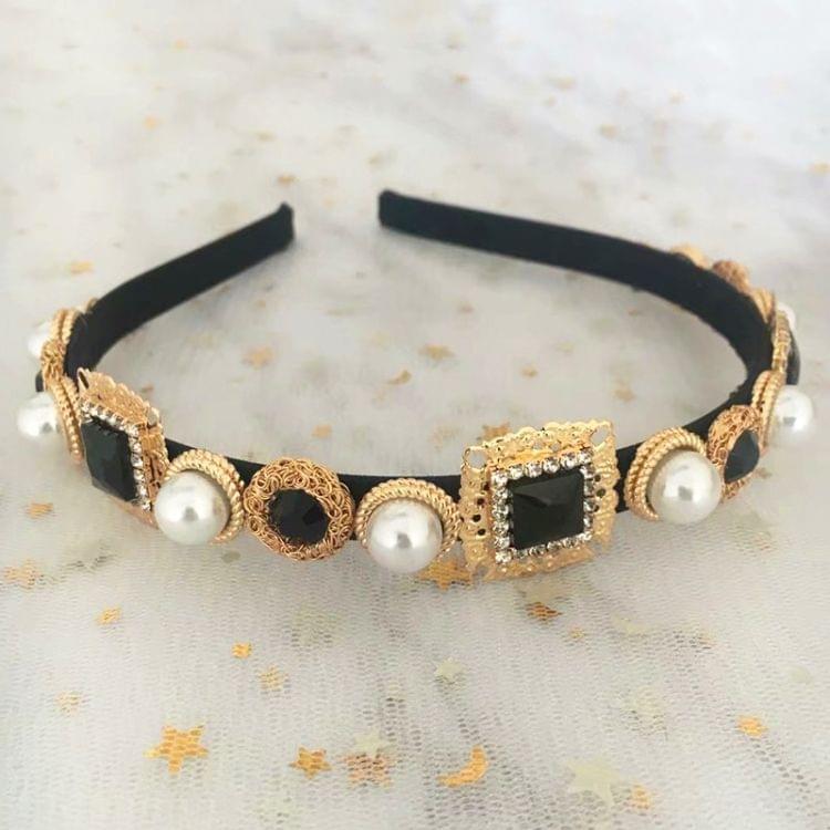 Baroque Retro Square Gemstone Pearl Simple Multicolor Wild Headband(Black)