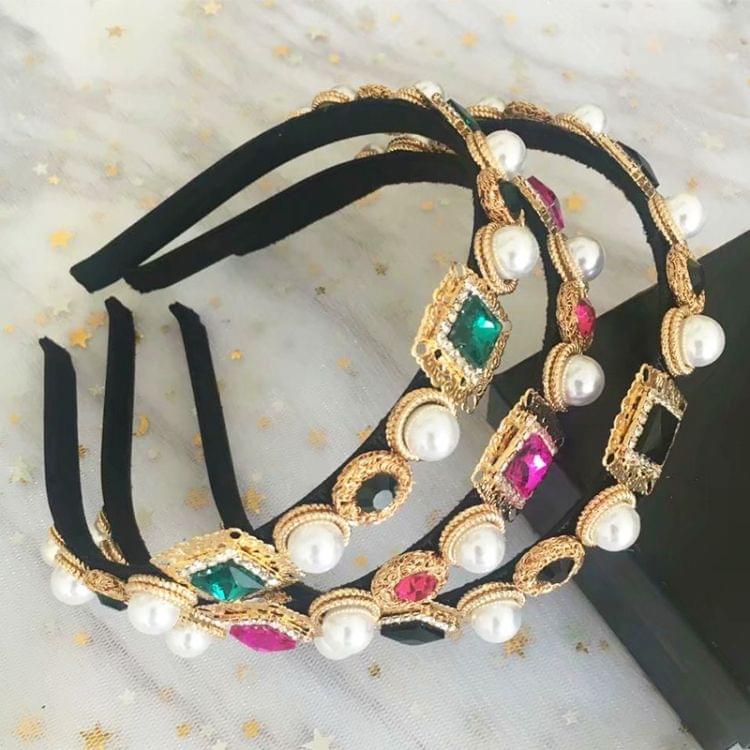 Baroque Retro Square Gemstone Pearl Simple Multicolor Wild Headband(Black)