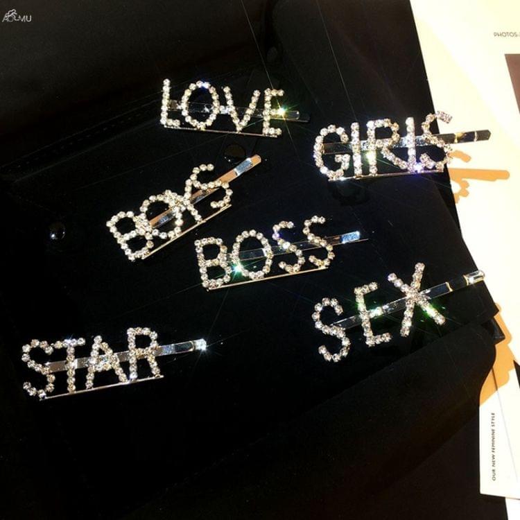 Fashion Luxury Crystal Rhinestones Hair Clips Women Letters Hairgrip Headwear(HAPPY)