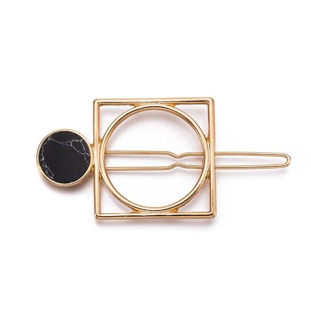 Simple Hair Accessories Alloy Geometric Rectangular Round Crack Natural Stone Hairpin Marble Edge Clip(H6 Black)