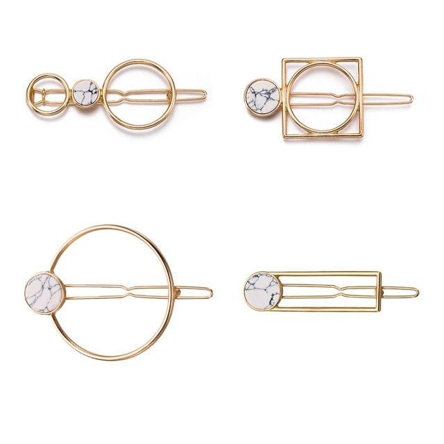 Simple Hair Accessories Alloy Geometric Rectangular Round Crack Natural Stone Hairpin Marble Edge Clip(H6 Black)