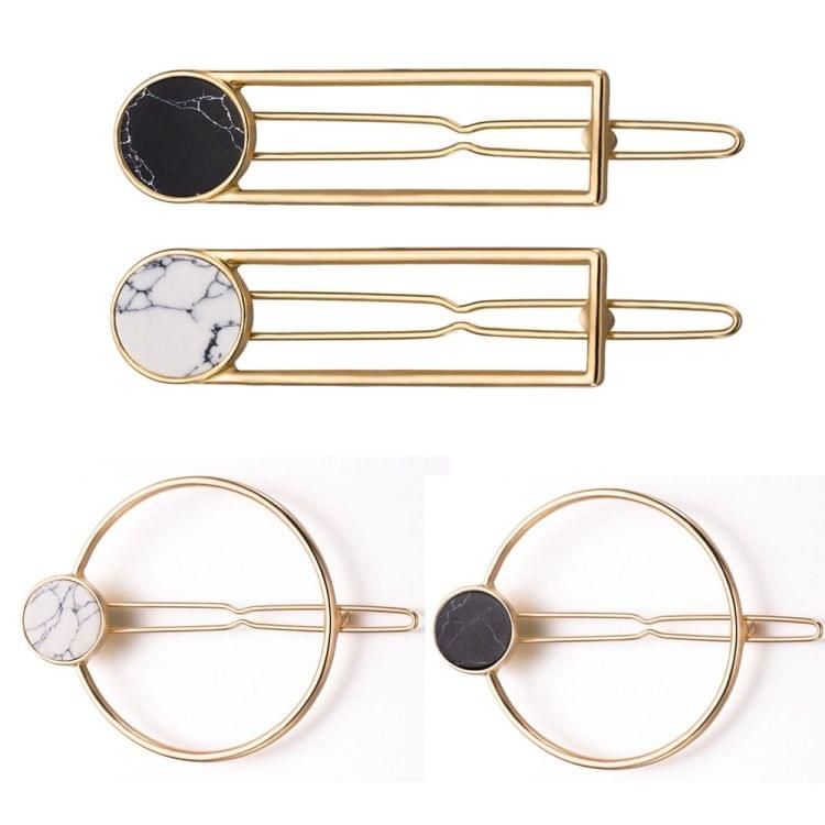 Simple Hair Accessories Alloy Geometric Rectangular Round Crack Natural Stone Hairpin Marble Edge Clip(H6 Black)