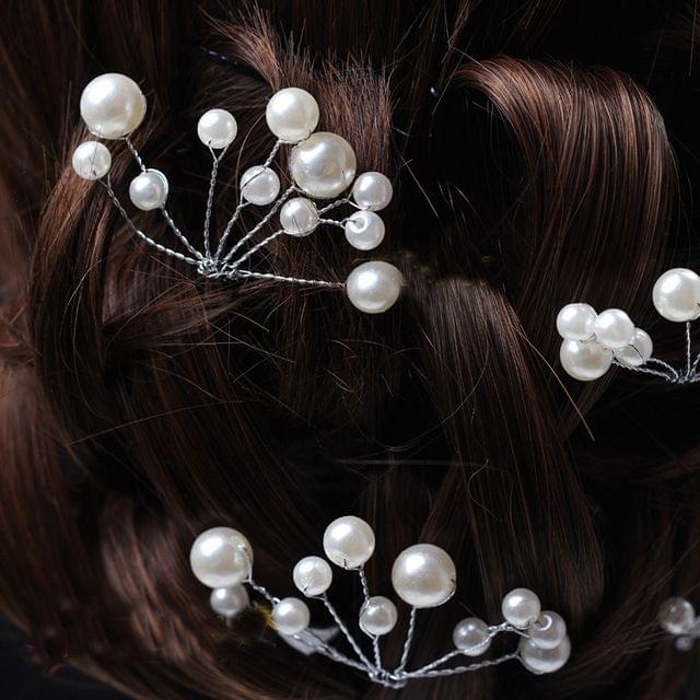 2 PCS Bridal Tiara Braid Wedding Dress Wedding Dress Hair Pearl Flower Shape Hairpin(White)