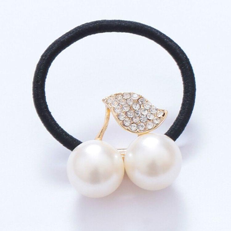 Fashion Cute Girls Hair Accessories Pearl Crystal Cherry Leaves Elastic Hair Rope(White)